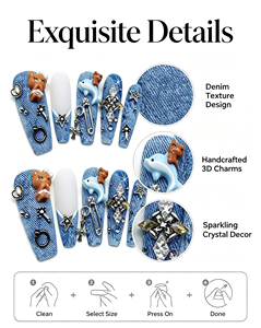 Faux ongles à presser longs et effilés, texture denim, avec breloques 3D chat et dauphin, strass, personnalisables, marque privée, vente en gros - Product Image 4