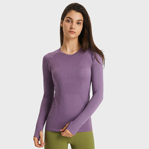 Ropa de Fitness para mujer, camiseta de <span class=keywords><strong>yoga</strong></span> de manga larga sin costuras de compresión para gimnasio, color sólido - Product Image 1