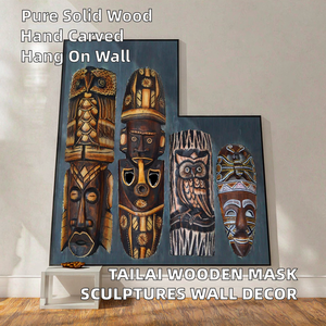 Masques sculptés en bois massif Tailai, design personnalisé multifonctionnel, à suspendre au mur, pour restaurant, bureau, salon - Product Image 2