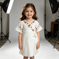 Robe en coton et lin blanc pour filles, broderie florale, col en V, manches courtes, robe d'été décontractée, mini-robe à nœud