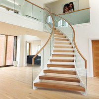 USA Canada Villa Escaliers modernes de luxe en verre avec rampe en bois Design Escalier incurvé en verre