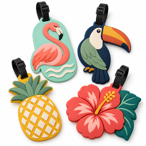 Etichetta per Bagagli Personalizzata in PVC con Logo, Design Tropicale con Fenicottero, <span class=keywords><strong>Tucano</strong></span>, Ananas, Ibisco, per Viaggi - Product Image 1