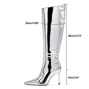 Sepatu bot Wanita hak Stiletto ujung runcing ritsleting kain berpayet tinggi lutut perak metalik seksi kustom mode - Product Image 2