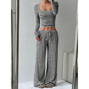 Conjunto Casual de Pantalones Anchos de Cintura Alta con Cuello Cuadrado y Rayas <span class=keywords><strong>para</strong></span> Mujer, Conjunto de Pantalones a Rayas Sólidas - Product Image 3