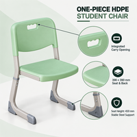 Ensemble chaise et bureau d'étudiant, hauteur d'assise 450 mm, plateau en MDF E1 de 18 mm, coque moulée en HDPE, structure en tube carré en acier, boîte à livres