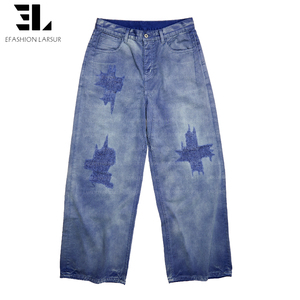 LARSUR Custom Factory Distressed Acid Wash Sun Faded Twill <strong>Moleskin</strong> Chore French Blue Work Pants Straight French Work <strong>Trousers</strong> - Product Image 1