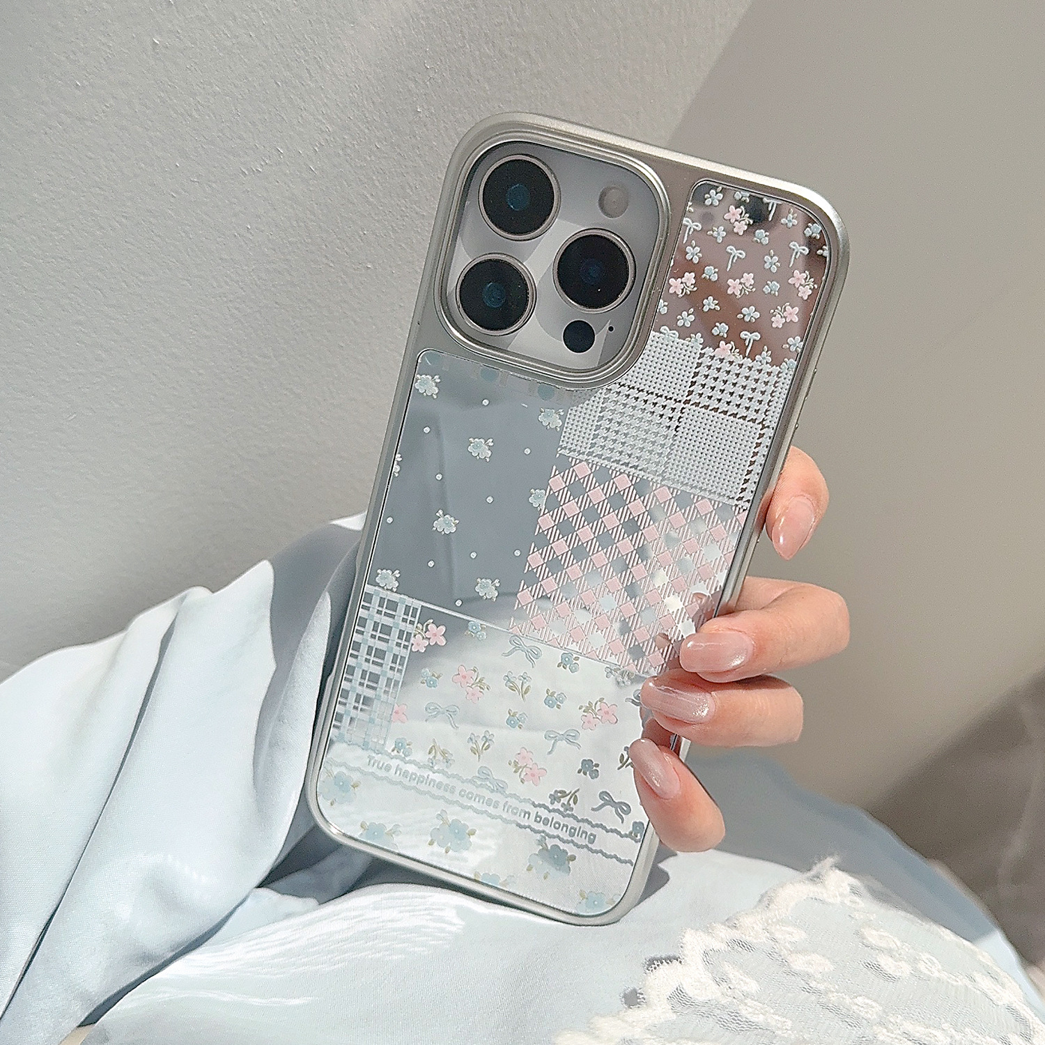 Silver and blue patchwork floral