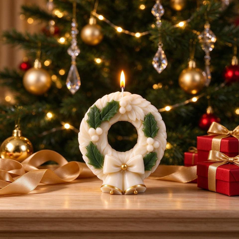 DM1461 Christmas Wreath Silicone Mold Holly Berry Bow Bell Resin Candle ...