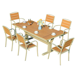 Garden Set <b>Outdoor</b> <b>Table</b> And Chairs 6 Seater Aluminum Frame <b>Plastic</b> Wood Panel Modern Design Weather Resistant Patio Furniture - Product Image 1