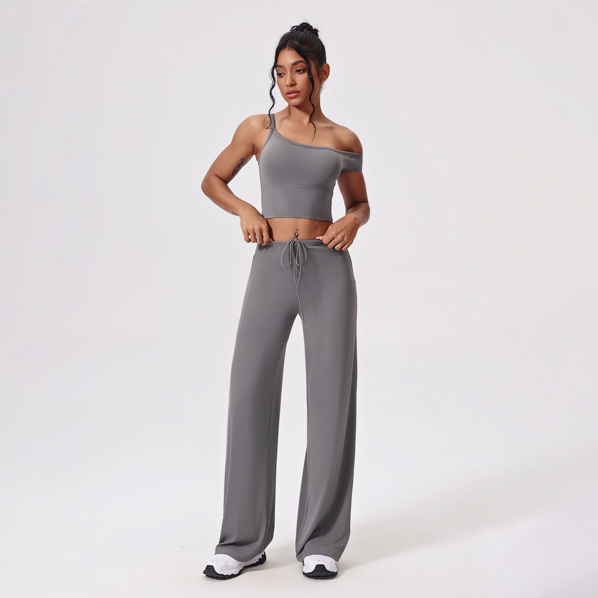 Women's Solid Antibacterial for Yoga Suit Off-the-Shoulder Full Length Quick-drying 2-Piece Set Cross-border Fitness Clothing