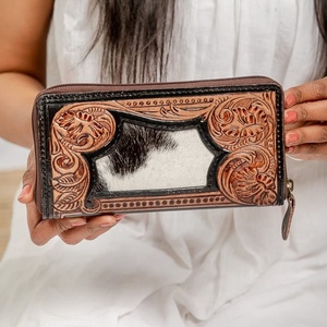 Оптовая продажа, роскошная винтажная женская сумка из натуральной кожи, длинная застежка-молния, тонкий холщовый кошелек ручной работы, Противоугонный кредитный кошелек - Product Image 3