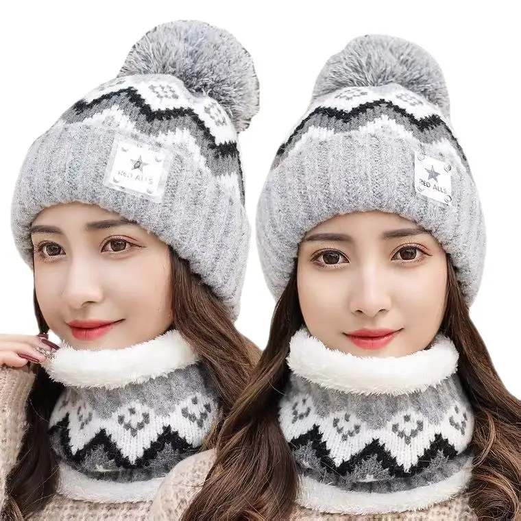 New Warm Winter Pom Beanies Hat & Scarf Set Thicken Knit Hat Cycling Ski Skull Cap Neck Warmer Winter Hat and Scarf For Women