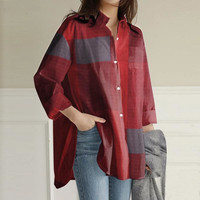 Damen Modisch Bedruckte Bluse aus Baumwoll-Leinen mit Langen Ärmeln und Reverskragen, Seitenschlitz, Unregelmäßigem Saum, Frühling und Sommer
