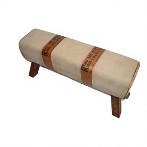 Pouf ottoman moderne en tissu rembourré avec pieds en bois, design contemporain, mobilier de maison, siège rayé beige et marron - Product Image 3