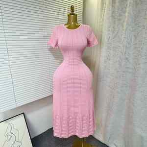 Robe en tricot élégante à col rond, à manches courtes, à perles, à découpes, cintrée et amincissante pour femmes, Maxfree - Product Image 1