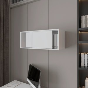 White <b>Floating</b> Cabinet With Sliding Door <b>Wall</b> Storage <b>Shelf</b> For Home Office Use - Product Image 2