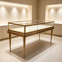 Table de présentation de bijoux vintage en laiton, comptoir en verre trempé avec éclairage LED intégré, vitrine de luxe pour bijouterie