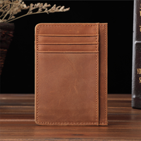 Dompet Kartu Kulit RR Crazy Horse, Dompet Saku Depan Minimalis Tipis dengan Jendela ID, Tempat Kartu Kredit Kulit Sapi Logo Kustom
