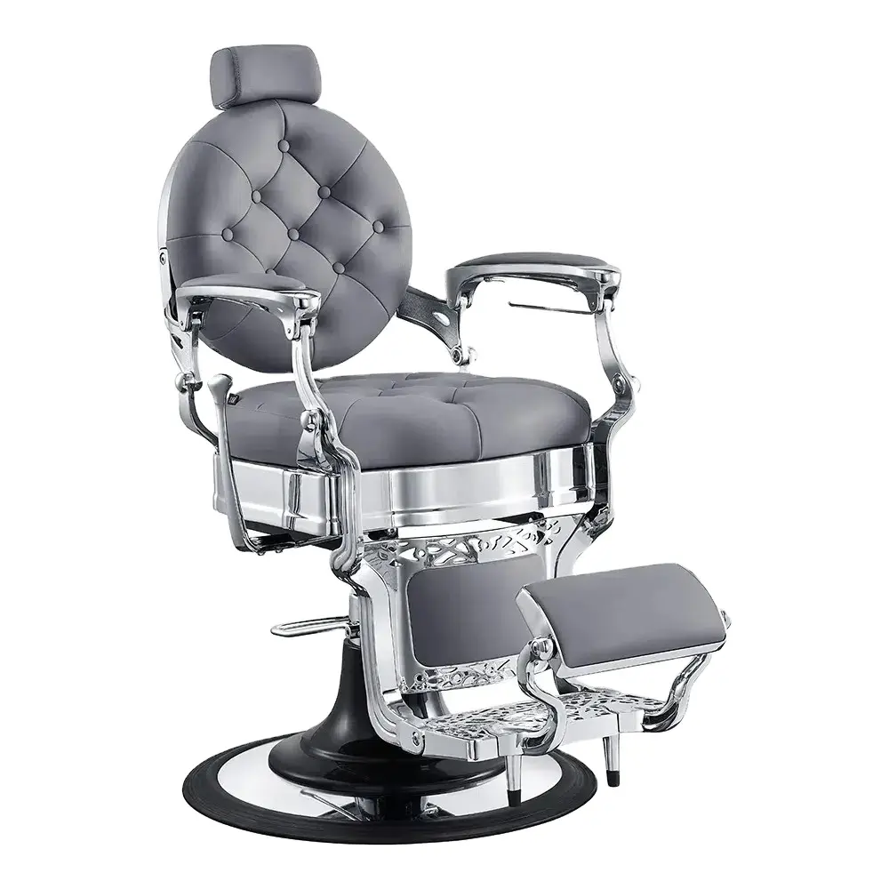 Popüler tasarım gri PU berber sandalyeler gümüş paslanmaz çelik saç Salon yüksek kaliteli mağaza ekipmanları sandalyeler