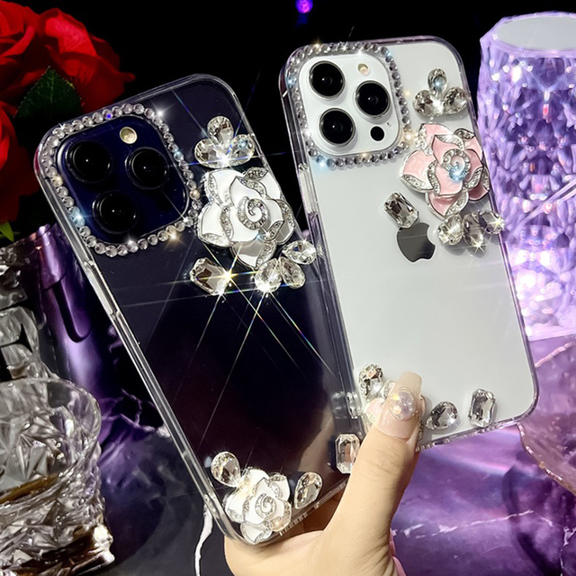 Luxury Bling Glitter Clear Acrylic TPU+PC Phone Case for iPhone 16 Pro Max Rhinestone Flowers Cover for 17 Plus 15 14 13 12 11
