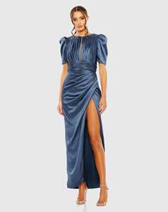 Mily Bridal ML235 Satén Sirena Fruncido Dubai Vestido <span class=keywords><strong>de</strong></span> <span class=keywords><strong>fiesta</strong></span> Corte alto Puff Manga Corpiño Vestido <span class=keywords><strong>de</strong></span> noche drapeado - Product Image 1