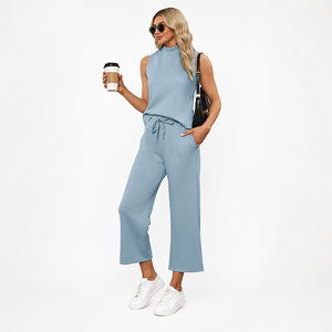 Wholesale <b>Women</b> Breathable Polyester <b>2</b>-<b>Piece</b> Top Pants Set Wide Leg Summer Casual Streetwear <b>Outfit</b> Embroidery Logo - Product Image 1