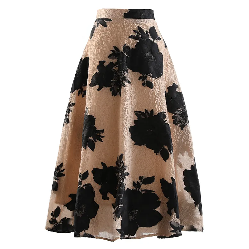 Spring Fall Flower Custom Office Ladies Long Floral Jacquard Skirt Polyester High Waist Elegant Skirts For Women