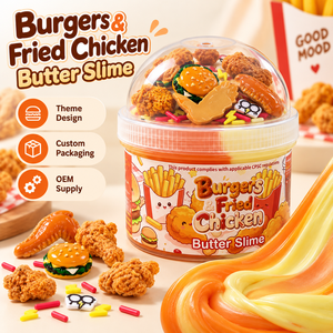 Tarro de Slime Temático de Hamburguesas, Pollo Frito y Mantequilla con Dijes de Comida, No Tóxico, Etiqueta Personalizada OEM, Venta al por Mayor de Fábrica, Suministro a Granel - Product Image 1