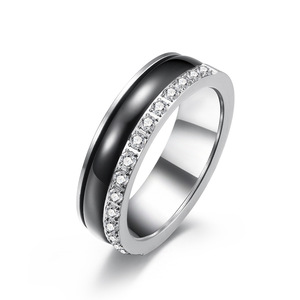 Unisex <b>Titanium</b> Steel <b>Ring</b> Black White Diamond Pave Setting Engagement Jewelry Geometric Style K R449 - Product Image 1
