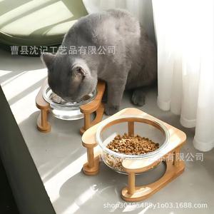 Comedero doble de madera para gatos con base antideslizante para platos de comida y agua, diseño simple. - Product Image 4