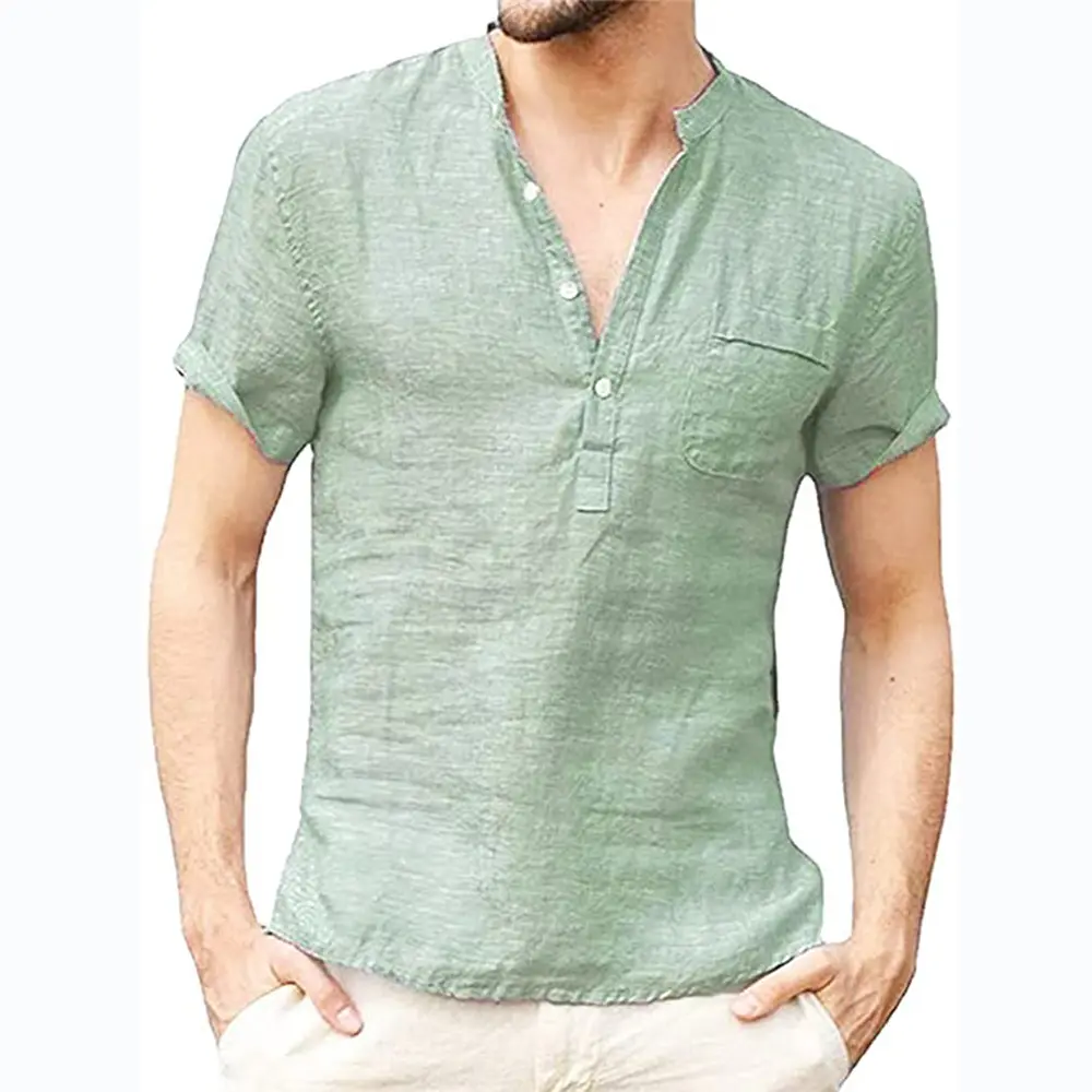 1pcs custom logo wholesale casual Mens Linen Henley Shirts Short Sleeve Casual Summer Beach Plain T Shirt Button Up Tee Tops