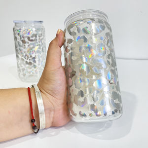 Lot de 50 <span class=keywords><strong>verres</strong></span> <span class=keywords><strong>à</strong></span> <span class=keywords><strong>bière</strong></span> en verre imprimé léopard de 16oz avec couvercles tasse <span class=keywords><strong>à</strong></span> café avec Straw-16BW002 en plastique transparent - Product Image 3