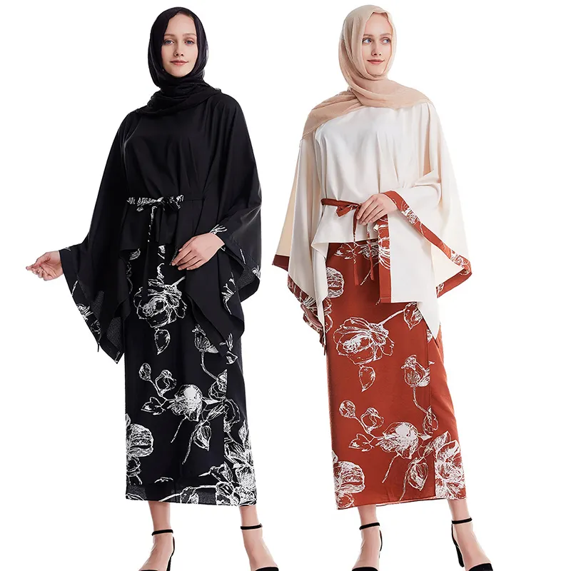 Musulman nouveau Design turquie femmes vêtements islamiques Ramadan dubaï Abaya avec robe supérieure deux pièces imprimé fleuri ensembles Baju Kurung