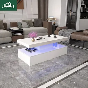 Mesa de centro con mesita de noche LED RGB, 2 cajones de almacenamiento, mesa con extremo lateral de té, muebles para sala de estar, tapa de vidrio