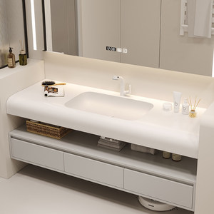 Modern Cream White Bathroom Vanity with Solid Surface Integrated <b>Sink</b> Floating Cabinet with <b>Storage</b> Drawers - Product Image 1