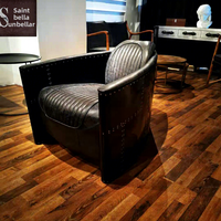 Fauteuil Aviateur Rétro Industriel Style Américain en Aluminium avec Accoudoirs, Siège Unique en Cuir Pleine Fleur Rembourré Éponge, pour Salon Décontracté à Domicile