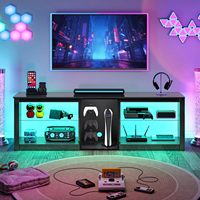 Meuble TV brillant haut de gamme avec éclairage LED, console multimédia moderne avec étagères en verre et rangement pour jeux vidéo, idéal pour la maison