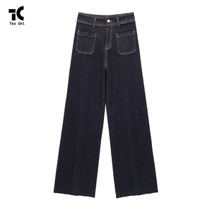 Pantalon droit pour <span class=keywords><strong>femme</strong></span>, nouvelle mode, <span class=keywords><strong>bleu</strong></span> <span class=keywords><strong>marine</strong></span>, avec poches décoratives, <span class=keywords><strong>jean</strong></span> rétro taille haute, style décontracté, denim pour l'automne - Product Image 1