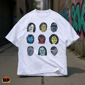 T-shirt Grafica con Griglia di Volti Astratti, Lavaggio Vintage, Oversize Unisex, Stile Streetwear Y2K - Product Image 3