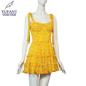 YuFan Vestido curto casual de chiffon amarelo sem mangas, vestido slim fit feminino com suspensório, moda feminina, verão