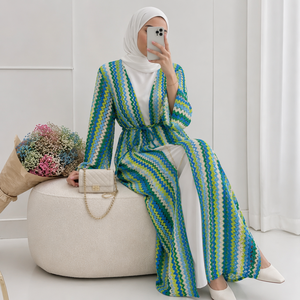 Loriya Muslim Abaya for <strong>Women</strong> Crochet Knit Cardigan <strong>Kimono</strong> Ramadan Hijab Dress Elegant Chevron Pattern Full Sleeve Long Kaftan - Product Image 4