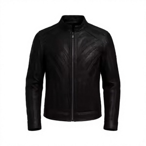 Veste de moto en cuir véritable pour homme, col montant, fermeture éclair, coupe ajustée, style motard - Product Image 1