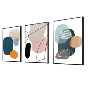 Wall Art 3 Pieces Framed Decorative Paintings Abstract Simple Orange White Blue Color Blocks Wall Art Canvas Prints Wall Decor