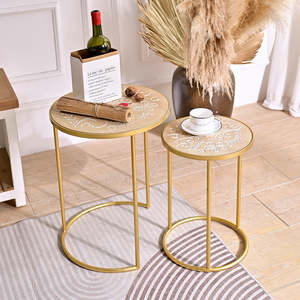 INNOVAHOME Extendable European Modern Design Panel Gold Metal Legs Flower Carved Wooden Top Living Room <b>Coffee</b> <b>Table</b> <b>Set</b> 2 - Product Image 3