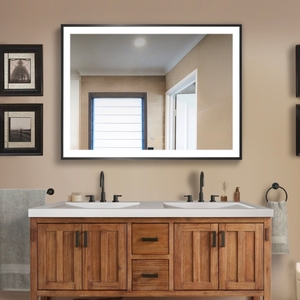Modern Hotel Klassiek Verlichte Spiegel Muur Mount Led Dimmende Anti-Fog Badkamer Ip44 Rate Led Spiegel Met Zwart Aluminium Frame