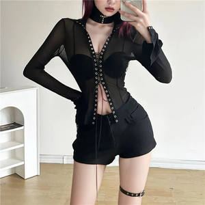 T-Shirt Sexy da <span class=keywords><strong>Donna</strong></span> Stile Y2k con Inserti in Tulle, Aderente, Grunge, Harajuku, Trasparente, con Fasciature - Product Image 3