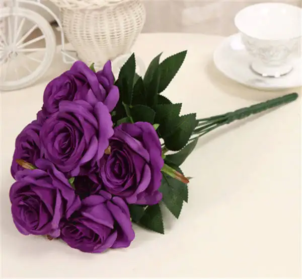 QSLH-SY0031 Red rose 9 head artificial flower silk bule rose bunch Fashion for Wedding Arrangement Party Home Decor