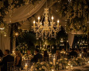 Lampadario di Lusso in Acrilico e Ferro Dorato per Matrimoni, Hotel, Club e Sale Banchetti, 12 Luci LED, Decorazione Moderna ed Elegante - Product Image 3