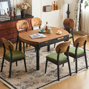 Table à manger rectangulaire en bois massif de style rétro français, convertible, style vintage, pour petites maisons - Product Image 2