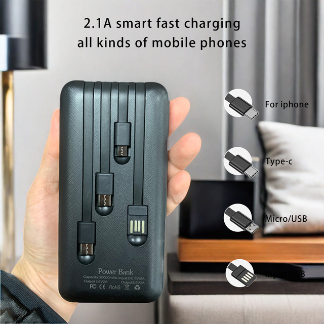 Power Bank Built in 4 USB Cables Waterproof 20000mah Mobile Solar Power Bank Charger